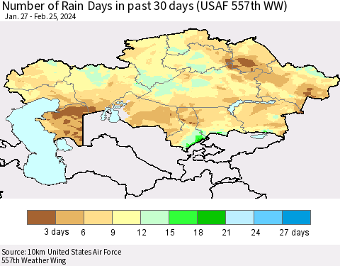 Kazakhstan Number of Rain Days in past 30 days (USAF 557th WW) 02/25/2024 Thematic Map For 2/21/2024 - 2/25/2024