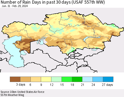 Kazakhstan Number of Rain Days in past 30 days (USAF 557th WW) 02/29/2024 Thematic Map For 2/26/2024 - 2/29/2024