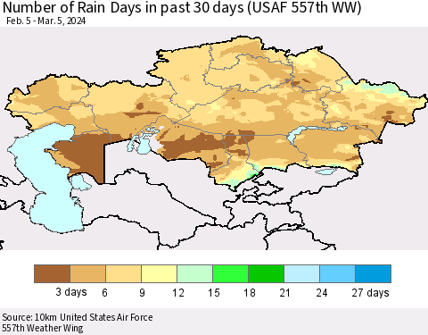 Kazakhstan Number of Rain Days in past 30 days (USAF 557th WW) 03/05/2024 Thematic Map For 3/1/2024 - 3/5/2024