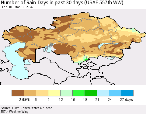 Kazakhstan Number of Rain Days in past 30 days (USAF 557th WW) 03/10/2024 Thematic Map For 3/6/2024 - 3/10/2024