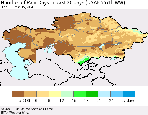Kazakhstan Number of Rain Days in past 30 days (USAF 557th WW) 03/15/2024 Thematic Map For 3/11/2024 - 3/15/2024