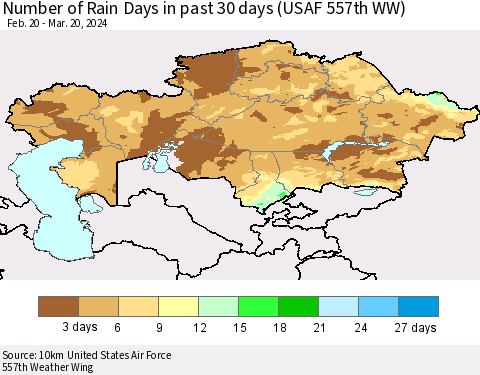Kazakhstan Number of Rain Days in past 30 days (USAF 557th WW) 03/20/2024 Thematic Map For 3/16/2024 - 3/20/2024