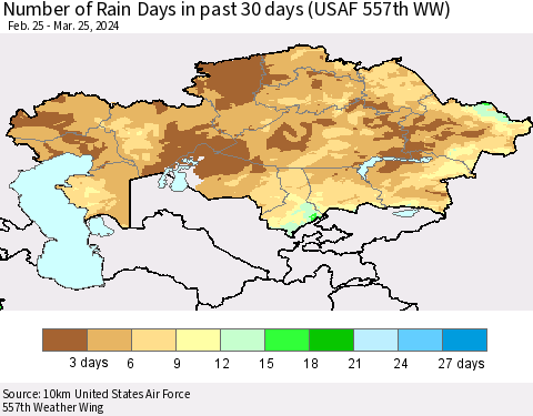 Kazakhstan Number of Rain Days in past 30 days (USAF 557th WW) 03/25/2024 Thematic Map For 3/21/2024 - 3/25/2024