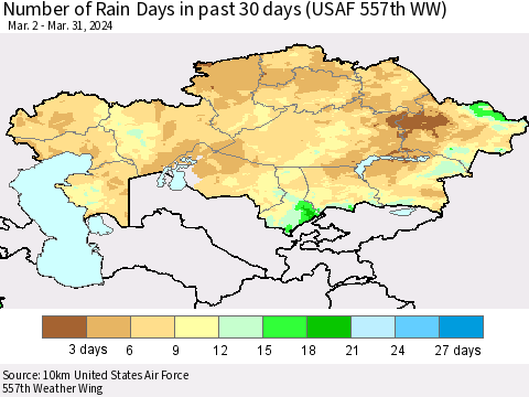 Kazakhstan Number of Rain Days in past 30 days (USAF 557th WW) 03/31/2024 Thematic Map For 3/26/2024 - 3/31/2024