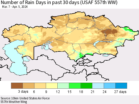 Kazakhstan Number of Rain Days in past 30 days (USAF 557th WW) 04/05/2024 Thematic Map For 4/1/2024 - 4/5/2024