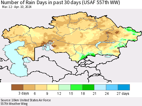 Kazakhstan Number of Rain Days in past 30 days (USAF 557th WW) 04/10/2024 Thematic Map For 4/6/2024 - 4/10/2024