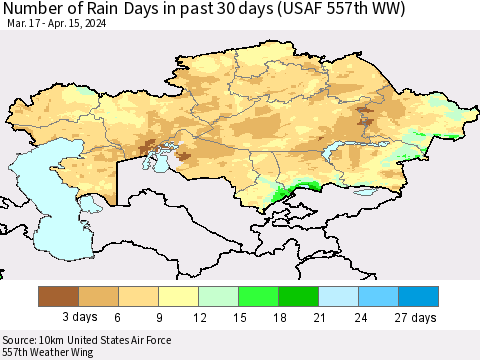 Kazakhstan Number of Rain Days in past 30 days (USAF 557th WW) 04/15/2024 Thematic Map For 4/11/2024 - 4/15/2024