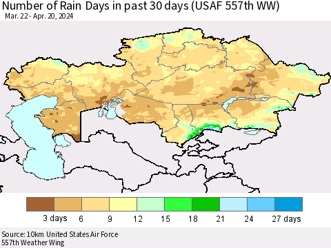 Kazakhstan Number of Rain Days in past 30 days (USAF 557th WW) 04/20/2024 Thematic Map For 4/16/2024 - 4/20/2024