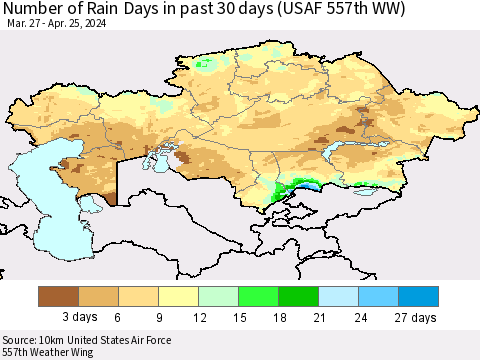 Kazakhstan Number of Rain Days in past 30 days (USAF 557th WW) 04/25/2024 Thematic Map For 4/21/2024 - 4/25/2024
