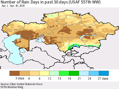Kazakhstan Number of Rain Days in past 30 days (USAF 557th WW) 04/30/2024 Thematic Map For 4/26/2024 - 4/30/2024