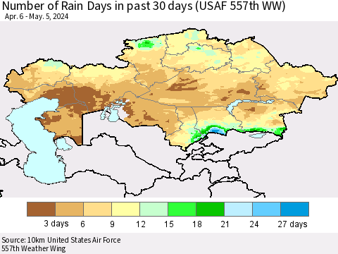 Kazakhstan Number of Rain Days in past 30 days (USAF 557th WW) 05/05/2024 Thematic Map For 5/1/2024 - 5/5/2024