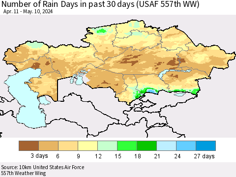 Kazakhstan Number of Rain Days in past 30 days (USAF 557th WW) 05/10/2024 Thematic Map For 5/6/2024 - 5/10/2024