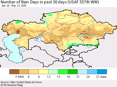 Kazakhstan Number of Rain Days in past 30 days (USAF 557th WW) 05/15/2024 Thematic Map For 5/11/2024 - 5/15/2024
