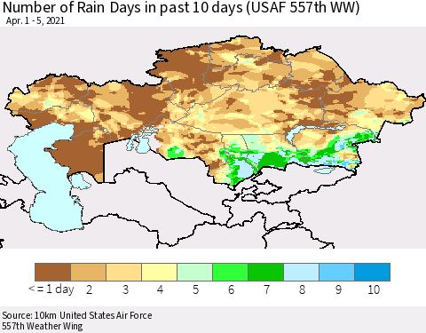 Kazakhstan Number of Rain Days in past 10 days (USAF 557th WW) Thematic Map For 4/1/2021 - 4/5/2021