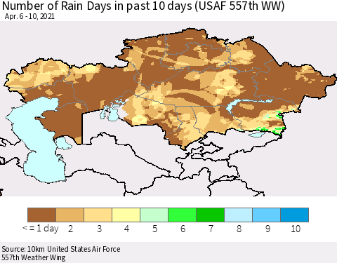 Kazakhstan Number of Rain Days in past 10 days (USAF 557th WW) Thematic Map For 4/6/2021 - 4/10/2021
