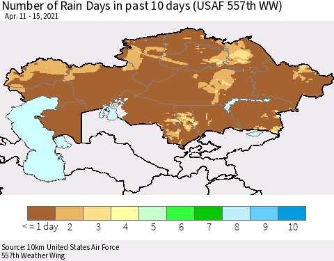 Kazakhstan Number of Rain Days in past 10 days (USAF 557th WW) Thematic Map For 4/11/2021 - 4/15/2021