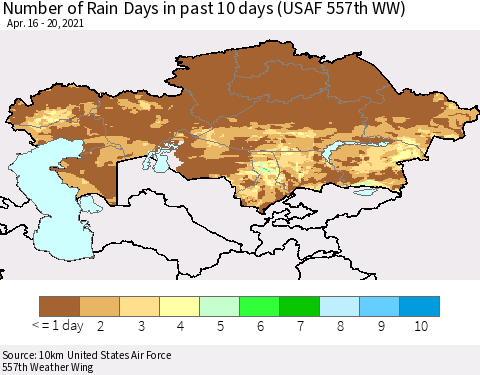 Kazakhstan Number of Rain Days in past 10 days (USAF 557th WW) Thematic Map For 4/16/2021 - 4/20/2021