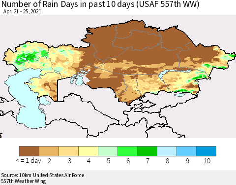 Kazakhstan Number of Rain Days in past 10 days (USAF 557th WW) Thematic Map For 4/21/2021 - 4/25/2021