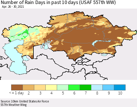 Kazakhstan Number of Rain Days in past 10 days (USAF 557th WW) Thematic Map For 4/26/2021 - 4/30/2021