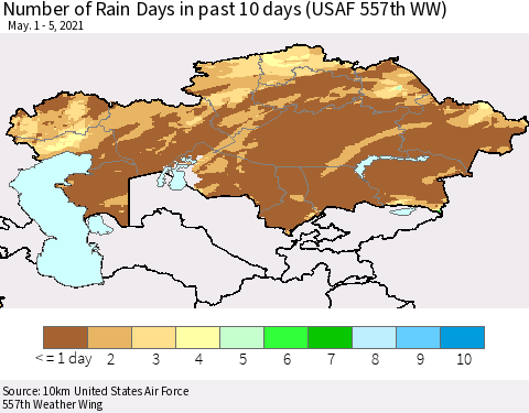 Kazakhstan Number of Rain Days in past 10 days (USAF 557th WW) Thematic Map For 5/1/2021 - 5/5/2021