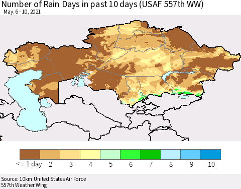Kazakhstan Number of Rain Days in past 10 days (USAF 557th WW) Thematic Map For 5/6/2021 - 5/10/2021
