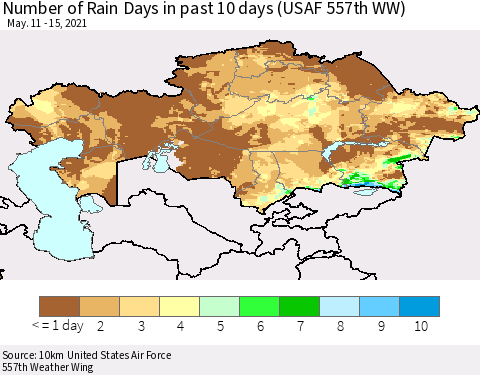 Kazakhstan Number of Rain Days in past 10 days (USAF 557th WW) Thematic Map For 5/11/2021 - 5/15/2021