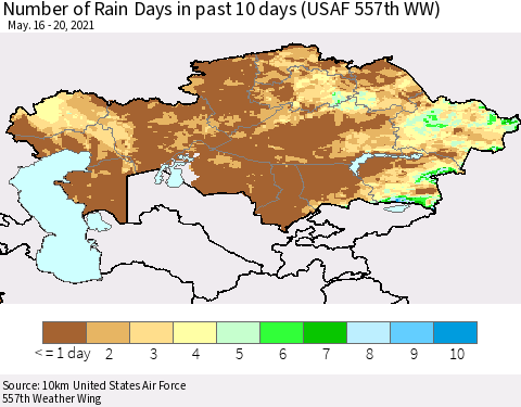 Kazakhstan Number of Rain Days in past 10 days (USAF 557th WW) Thematic Map For 5/16/2021 - 5/20/2021