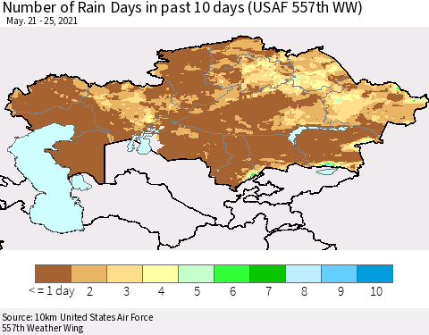 Kazakhstan Number of Rain Days in past 10 days (USAF 557th WW) Thematic Map For 5/21/2021 - 5/25/2021