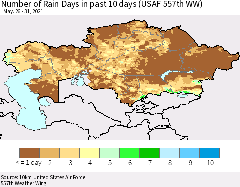 Kazakhstan Number of Rain Days in past 10 days (USAF 557th WW) Thematic Map For 5/26/2021 - 5/31/2021