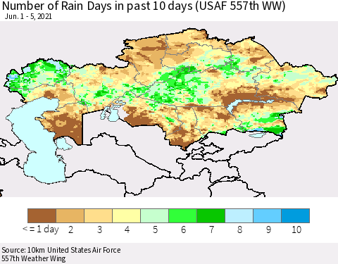 Kazakhstan Number of Rain Days in past 10 days (USAF 557th WW) Thematic Map For 6/1/2021 - 6/5/2021