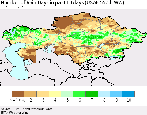 Kazakhstan Number of Rain Days in past 10 days (USAF 557th WW) Thematic Map For 6/6/2021 - 6/10/2021