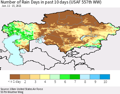 Kazakhstan Number of Rain Days in past 10 days (USAF 557th WW) Thematic Map For 6/11/2021 - 6/15/2021