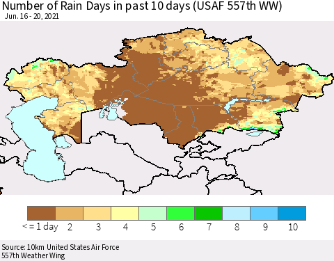 Kazakhstan Number of Rain Days in past 10 days (USAF 557th WW) Thematic Map For 6/16/2021 - 6/20/2021