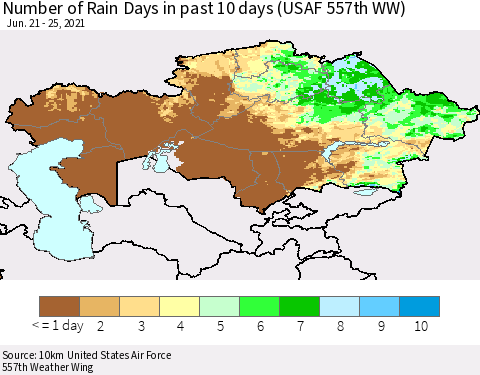 Kazakhstan Number of Rain Days in past 10 days (USAF 557th WW) Thematic Map For 6/21/2021 - 6/25/2021
