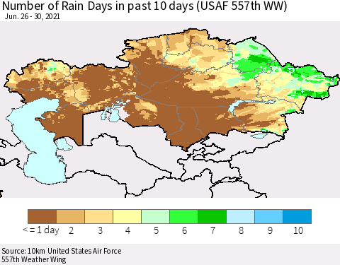 Kazakhstan Number of Rain Days in past 10 days (USAF 557th WW) Thematic Map For 6/26/2021 - 6/30/2021