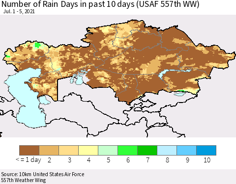 Kazakhstan Number of Rain Days in past 10 days (USAF 557th WW) Thematic Map For 7/1/2021 - 7/5/2021