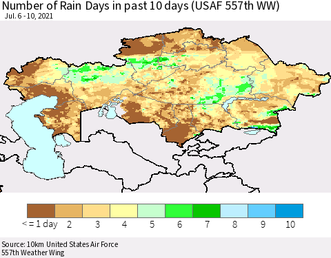 Kazakhstan Number of Rain Days in past 10 days (USAF 557th WW) Thematic Map For 7/6/2021 - 7/10/2021