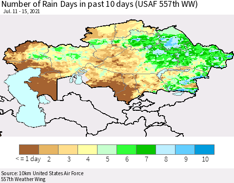 Kazakhstan Number of Rain Days in past 10 days (USAF 557th WW) Thematic Map For 7/11/2021 - 7/15/2021