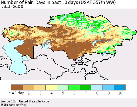 Kazakhstan Number of Rain Days in past 10 days (USAF 557th WW) Thematic Map For 7/16/2021 - 7/20/2021