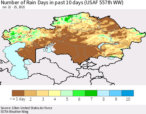 Kazakhstan Number of Rain Days in past 10 days (USAF 557th WW) Thematic Map For 7/21/2021 - 7/25/2021