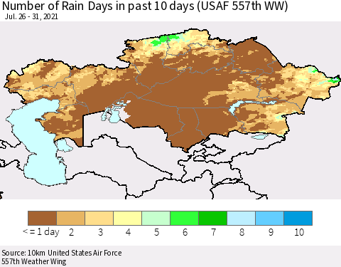 Kazakhstan Number of Rain Days in past 10 days (USAF 557th WW) Thematic Map For 7/26/2021 - 7/31/2021