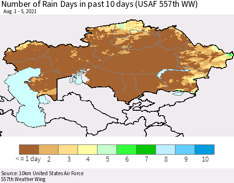 Kazakhstan Number of Rain Days in past 10 days (USAF 557th WW) Thematic Map For 8/1/2021 - 8/5/2021