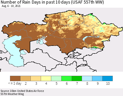 Kazakhstan Number of Rain Days in past 10 days (USAF 557th WW) Thematic Map For 8/6/2021 - 8/10/2021