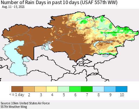 Kazakhstan Number of Rain Days in past 10 days (USAF 557th WW) Thematic Map For 8/11/2021 - 8/15/2021