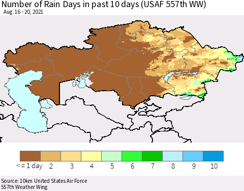 Kazakhstan Number of Rain Days in past 10 days (USAF 557th WW) Thematic Map For 8/16/2021 - 8/20/2021