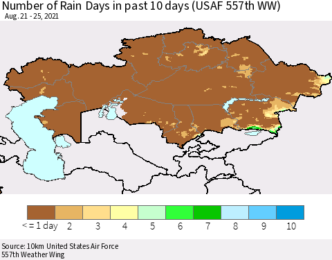 Kazakhstan Number of Rain Days in past 10 days (USAF 557th WW) Thematic Map For 8/21/2021 - 8/25/2021