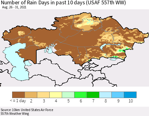 Kazakhstan Number of Rain Days in past 10 days (USAF 557th WW) Thematic Map For 8/26/2021 - 8/31/2021