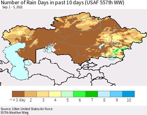 Kazakhstan Number of Rain Days in past 10 days (USAF 557th WW) Thematic Map For 9/1/2021 - 9/5/2021