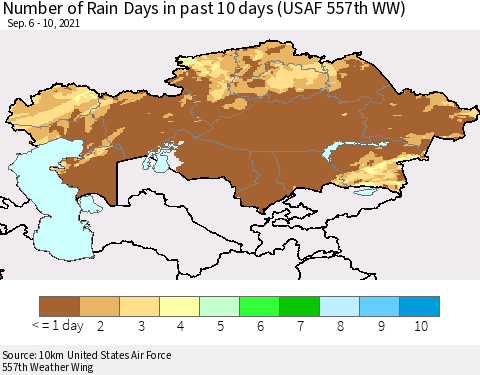 Kazakhstan Number of Rain Days in past 10 days (USAF 557th WW) Thematic Map For 9/6/2021 - 9/10/2021
