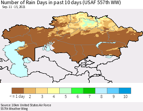 Kazakhstan Number of Rain Days in past 10 days (USAF 557th WW) Thematic Map For 9/11/2021 - 9/15/2021